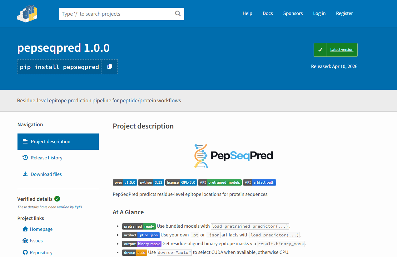 PepSeqPred PyPI webpage